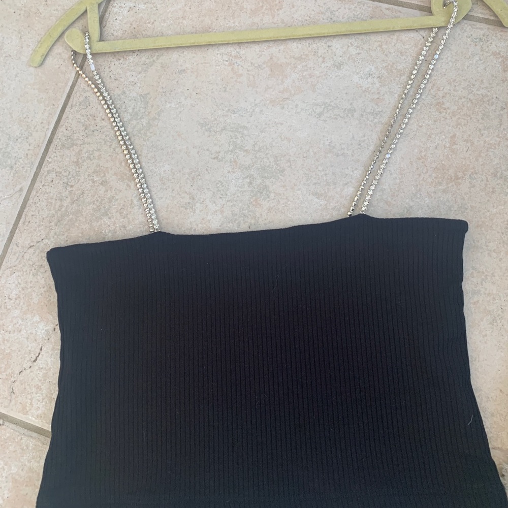 Rhinestone strapped, cropped black tank top